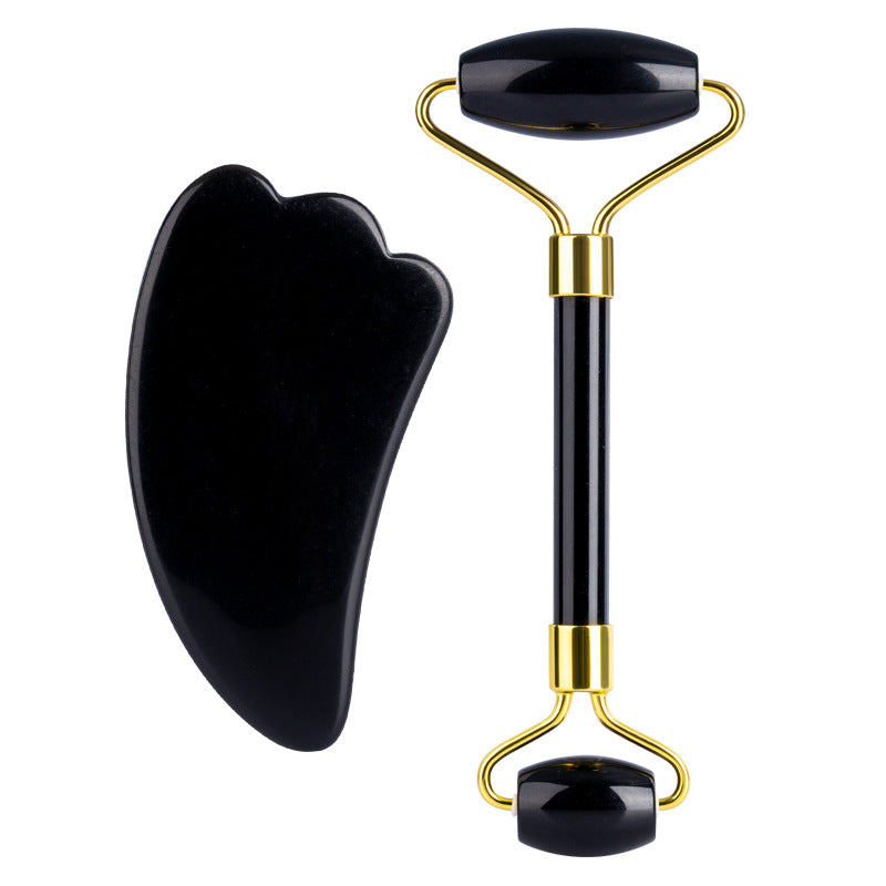 Kit Gua Sha Preto + Rolo de Jade - Quartzo Natural Premium